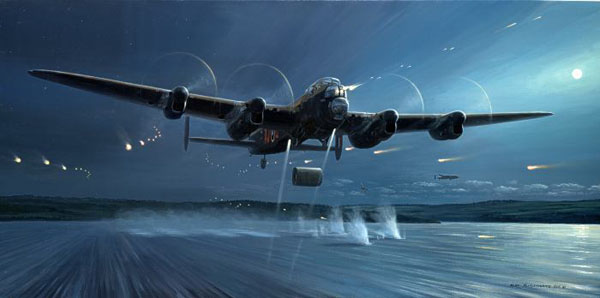 A painting of a Lancaster dropping the bouncing bomb